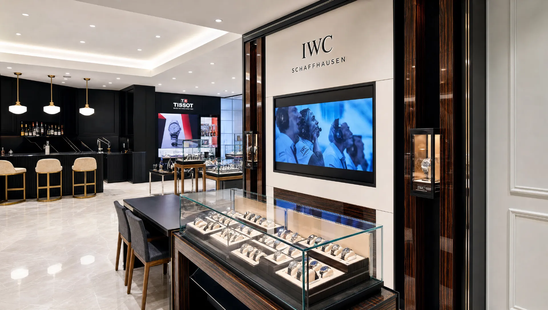 The IWC Schaffhausen and Tissot displays inside the Joseph-Anthony watch store in Windsor, a short drive from Tecumseh