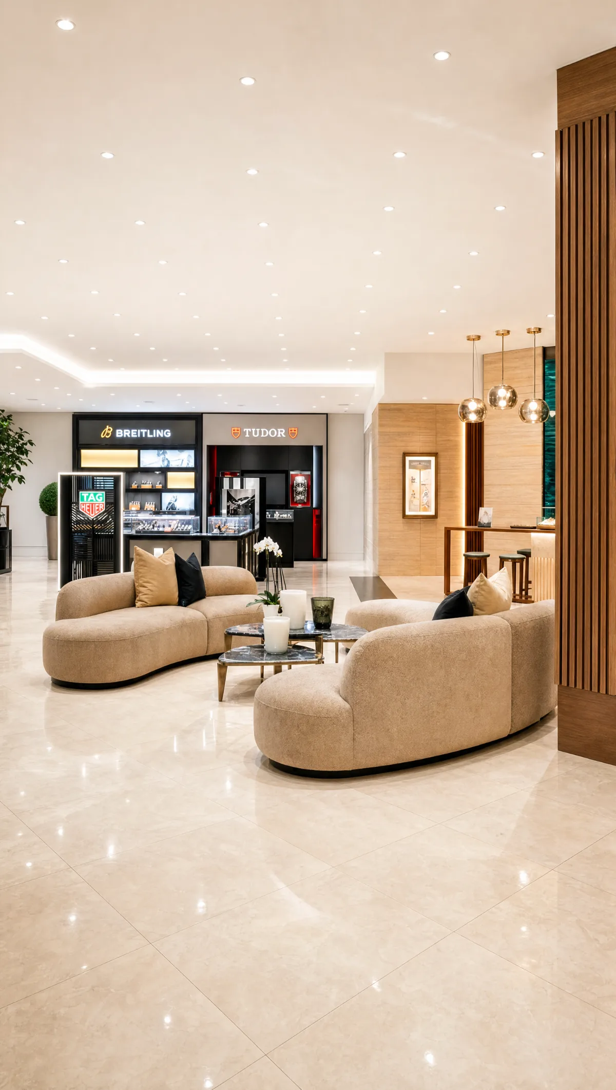The lounge at the Joseph-Anthony watch store in Windsor, with Tudor, Breitling and TAG Heuer displays, near Tecumseh